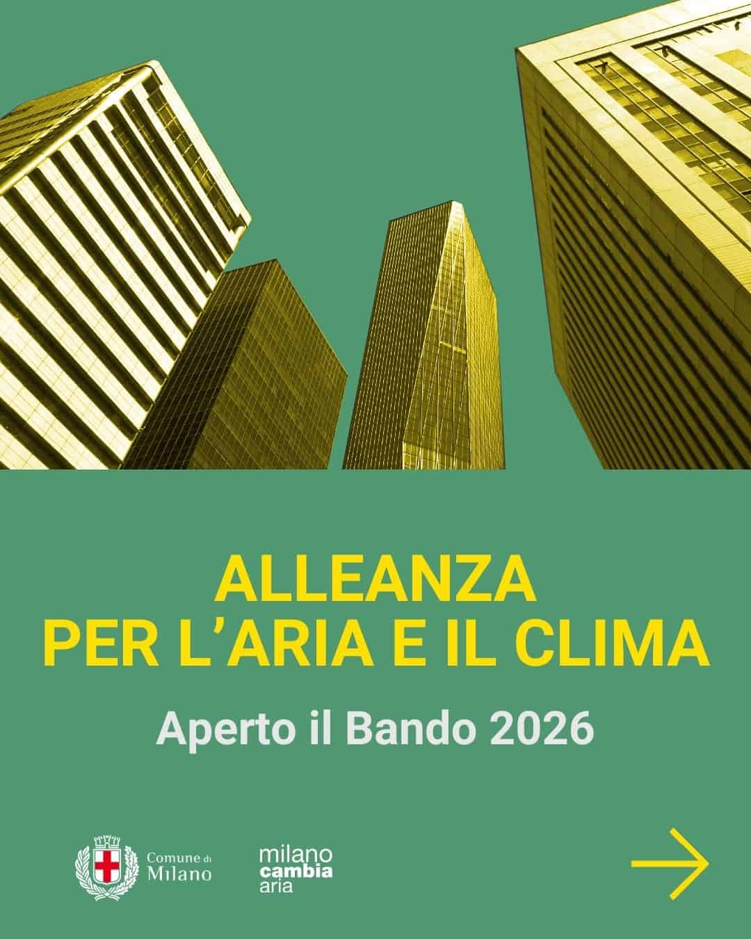 Immagine di grattacieli con testo "Alleanza per l'Aria e il Clima" e logo Comune di Milano, promuove.