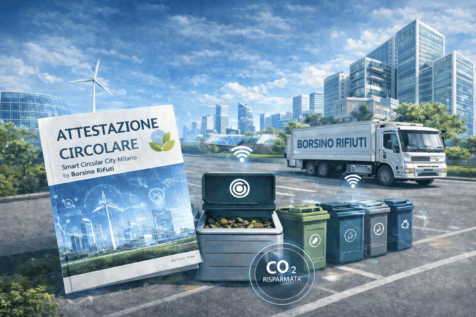 Immagine di un sistema di raccolta rifiuti intelligente in un condominio circolare sostenibile.