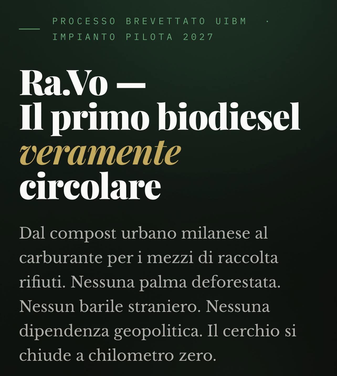 Innovativo biodiesel circolare da rifiuti urbani senza deforestazione o dipendenza geopolitica.