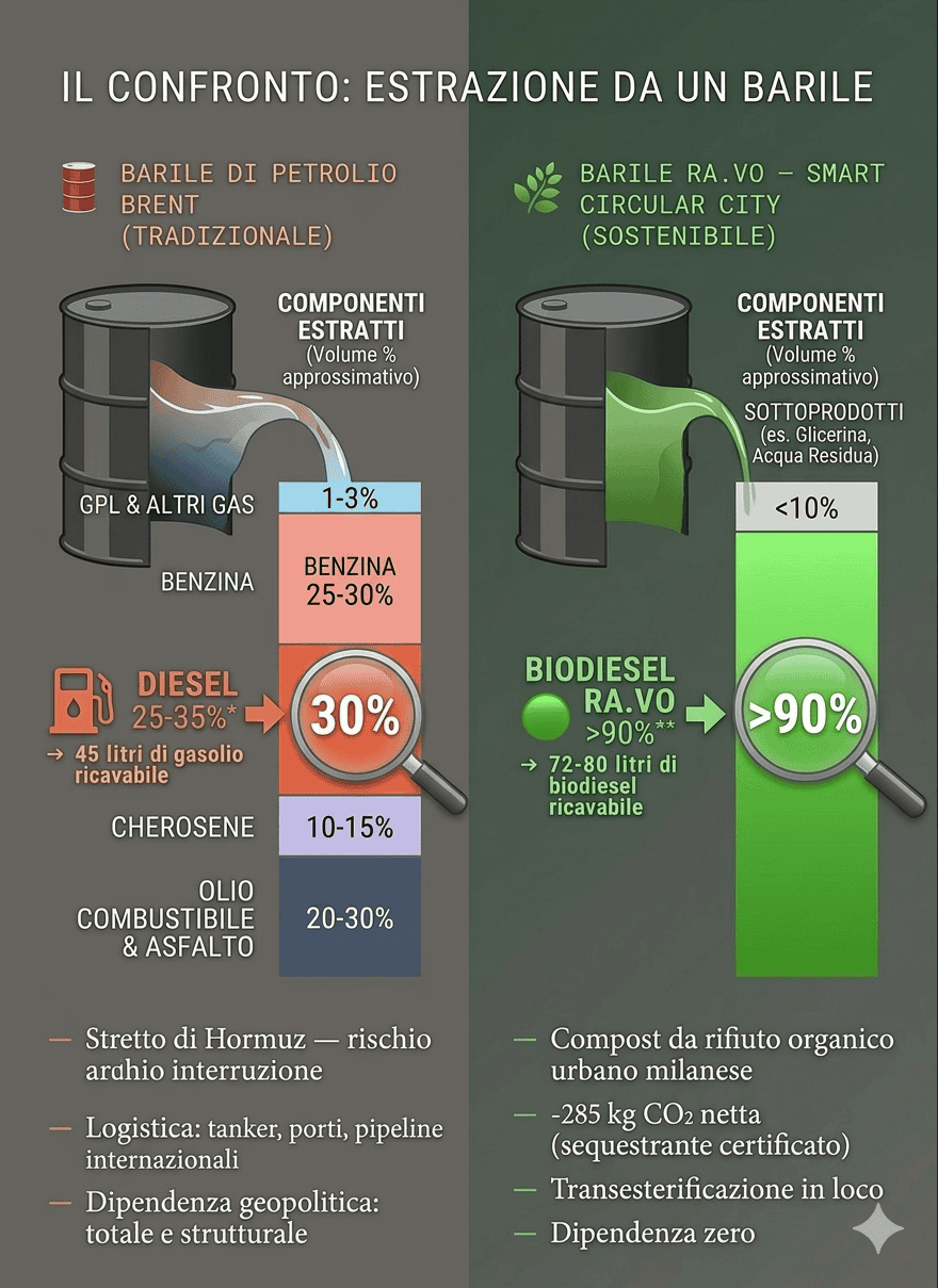 Confronto tra biodiesel circolare Ra.Vo e petrolio tradizionale, sostenibilità e componenti chiave.