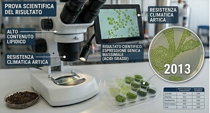 Microscopio e provette con biocarburante biodiesel circolare Ra.Vo, innovazione sostenibile.