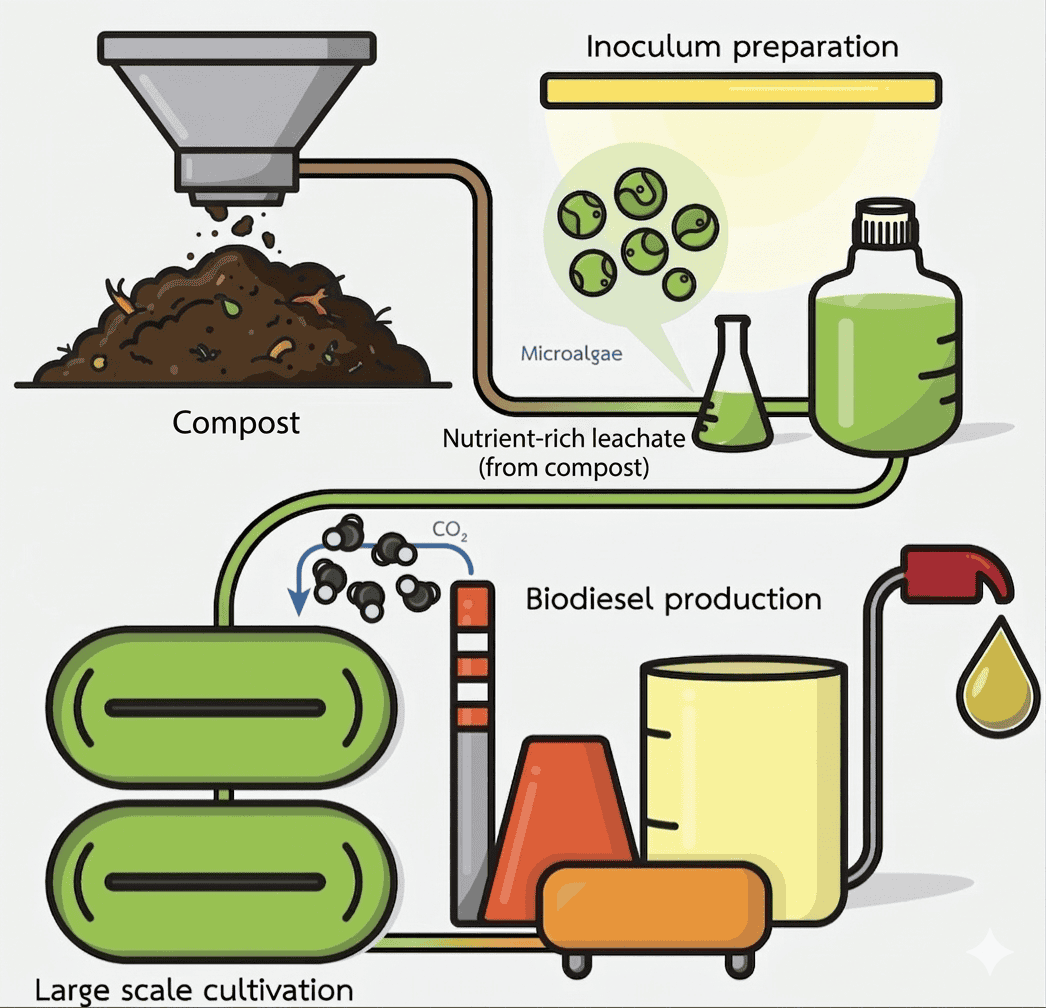 Tecnologia di produzione di biocarburanti sostenibili da compost e microalghe.