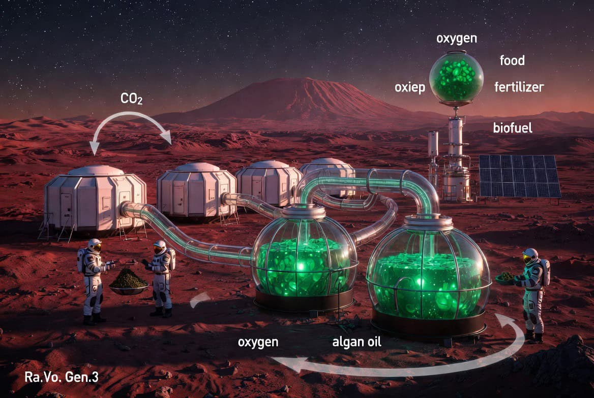 Prima Smart Circular City Planetaria Sistema di produzione di biofuel e ossigeno su Marte.