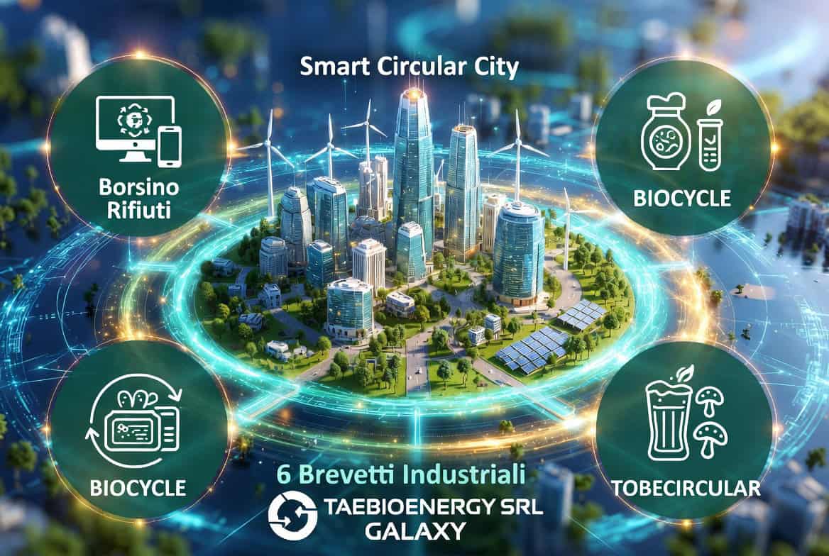 Rappresentazione della Smart Circular City con sistemi di riciclo rifiuti, biociclo, e tecnologie in.