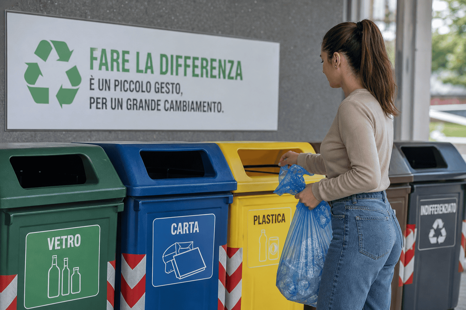 Fare la differenza – Riciclo e sostenibilità ambientale Donna che ricicla plastica e vetro ai contenitori differenziati in un'area urbana.