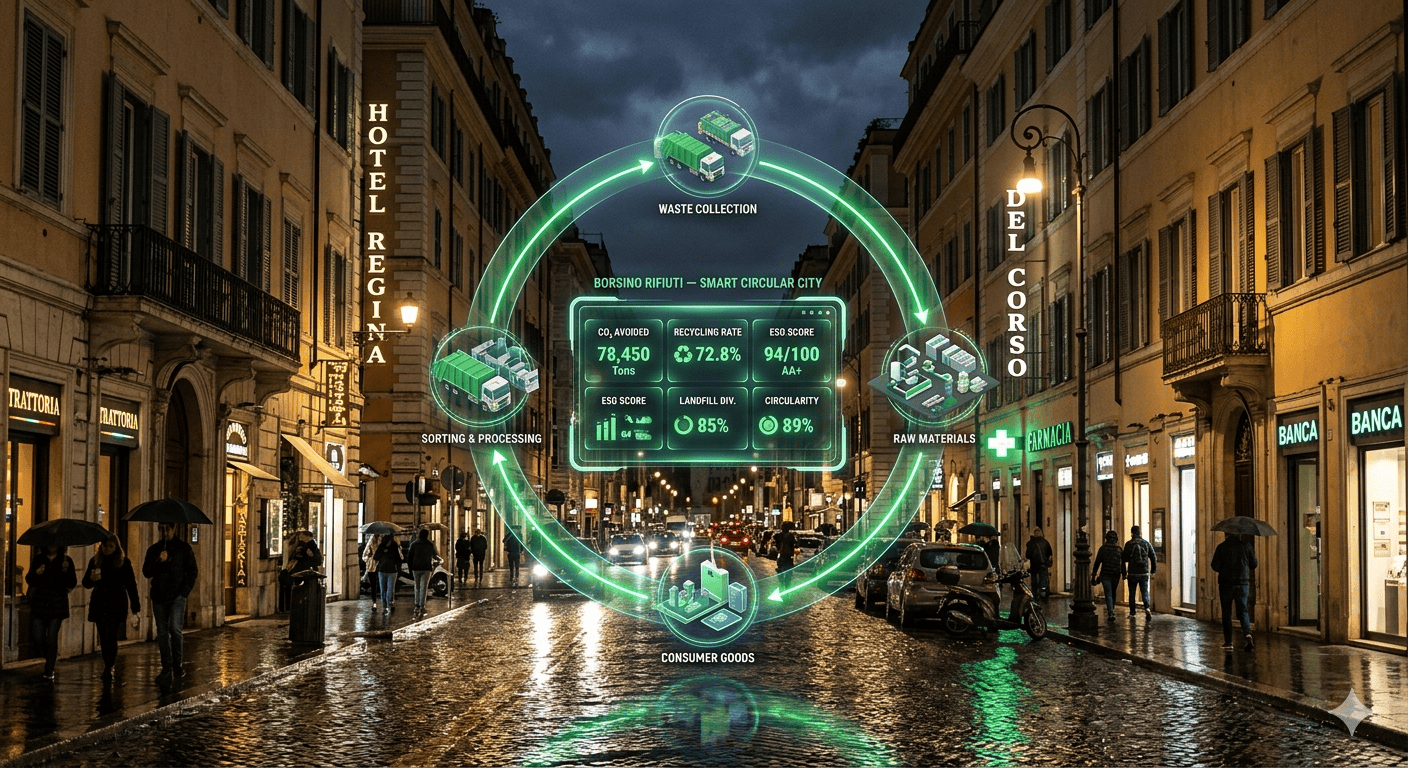 Smart Circular City in azione Visualizzazione di una città intelligente con gestione sostenibile dei rifiuti e dati ESG in tempo r.
