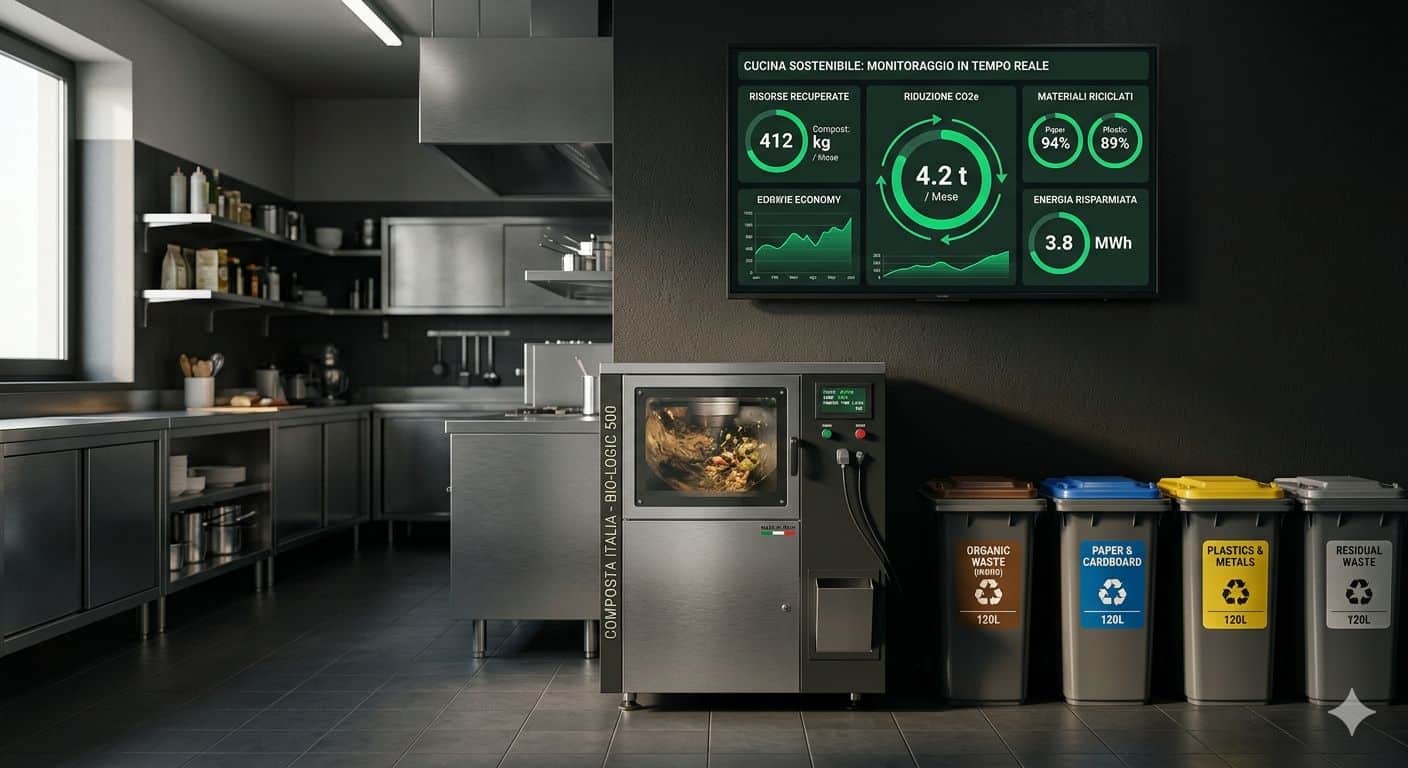 Sistema di monitoraggio sostenibile in cucina con display digitale e contenitori per riciclaggio.
