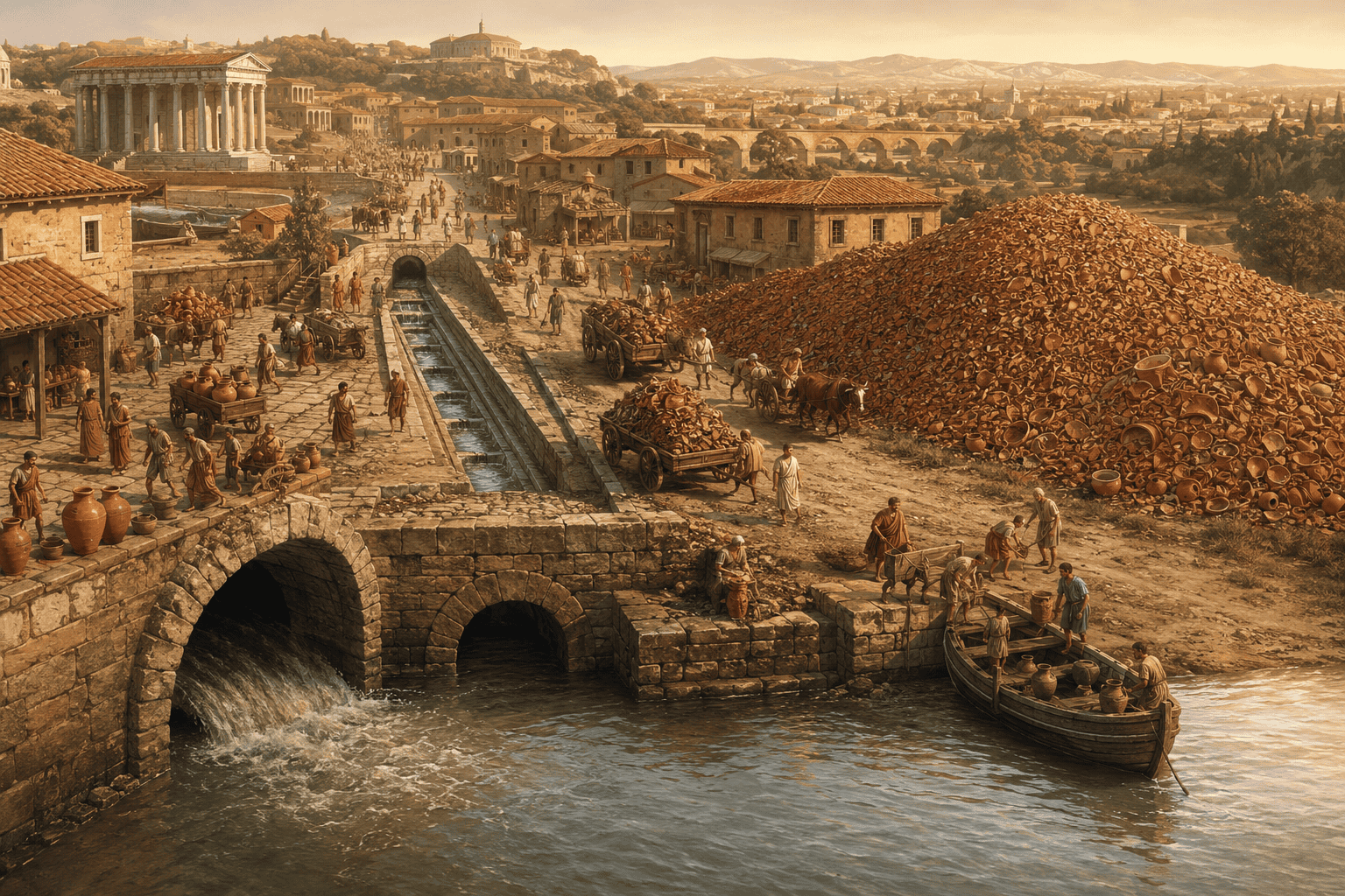 Ritiro rifiuti e riciclo in un'antica città romana, focus sull'economia circolare.
