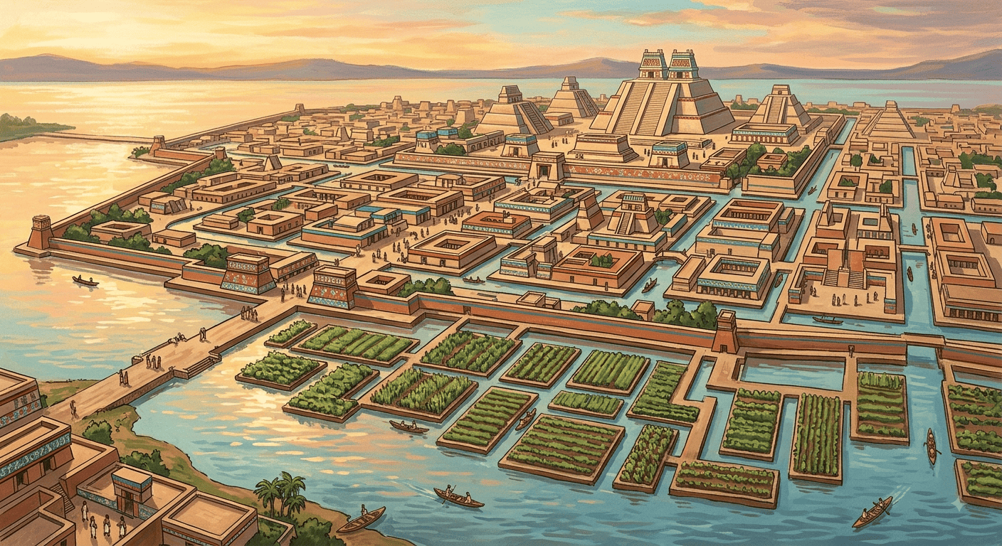 Impero Azteco e gestione rifiuti Rappresentazione dell'impero azteco con focus sulla gestione dei rifiuti e riciclo.