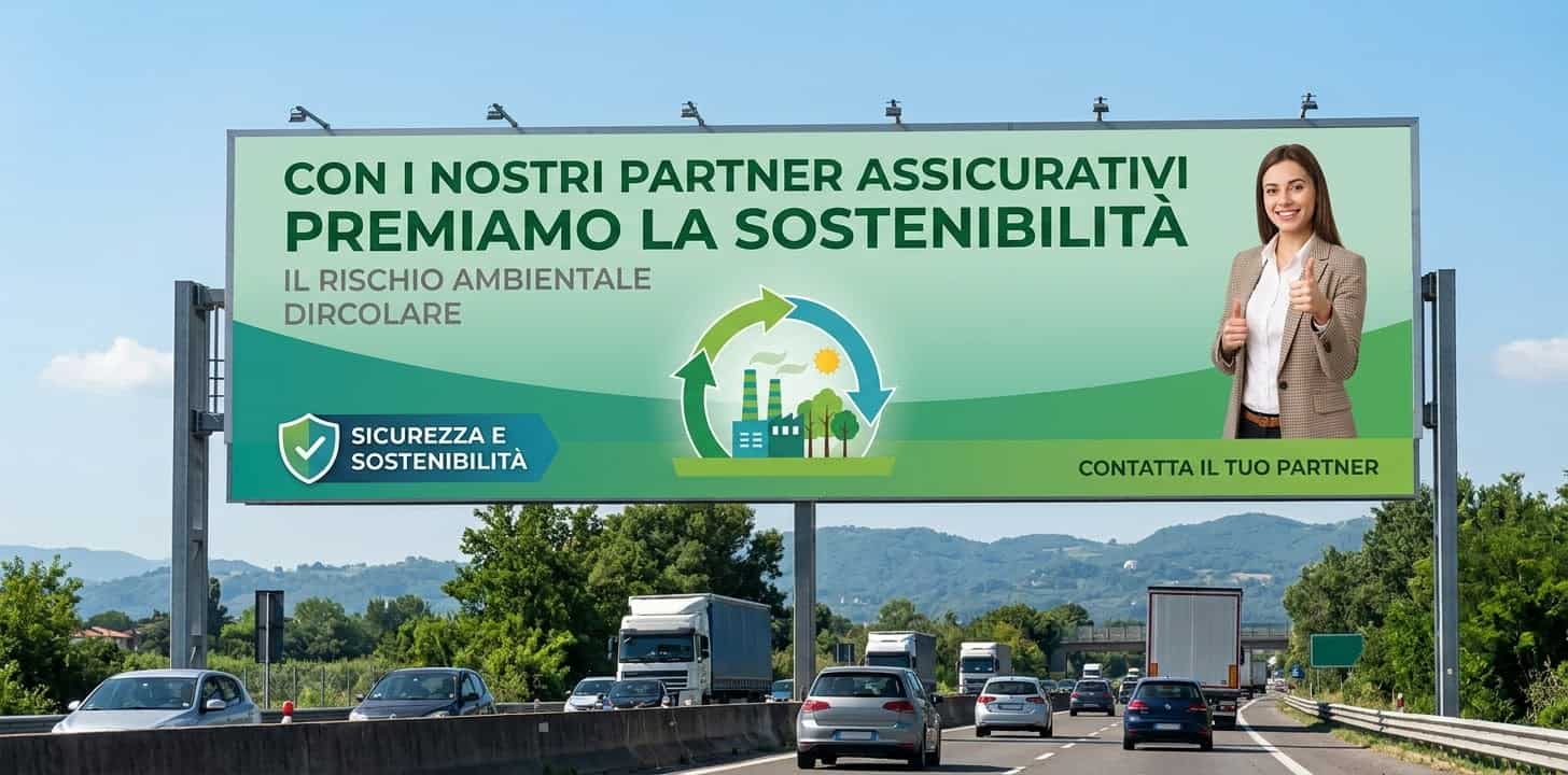 Pannello pubblicitario sulla sostenibilità ambientale e riciclo con simboli di economia circolare.