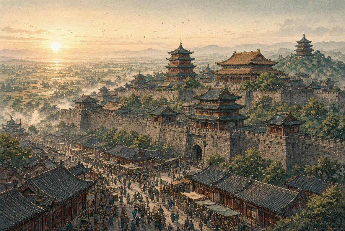 Immagine di una città cinese antica con mura e pagode, promuovendo economia circolare e riciclo.